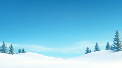serene winter landscape featuring snow covered hills and evergreen trees under clear blue sky, evoking sense of tranquility and peace