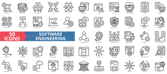 Software engineering icon collection set. Contain algorithm, application, architecture, array, ai, back end, bug, cache, code, compiler, component, conditional, configuration, ide, programming, code
