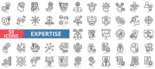 Expertise icon collection set. Contain knowledge, skill, proficiency, mastery, competence, specialization, experience, capability, aptitude, talent, expert, insight, technical, capacity, capability