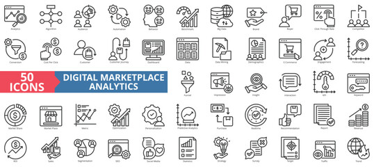 Digital marketplace analytics icon collection set. Contain analytics, algorithm, automation, behavior, benchmark, big data, brand, buyer, ctr, competitor, conversion, cpc, customer, ecommerce, sales