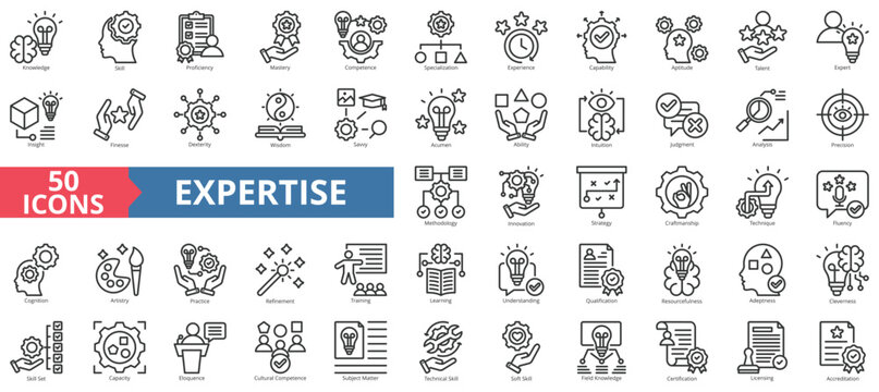 Expertise icon collection set. Contain knowledge, skill, proficiency, mastery, competence, specialization, experience, capability, aptitude, talent, expert, insight, technical, capacity, capability