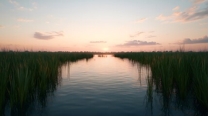 Fototapeta premium Natural sunset reflection over tranquil waterway marshland location scenic landscape photography serene environment nature's beauty