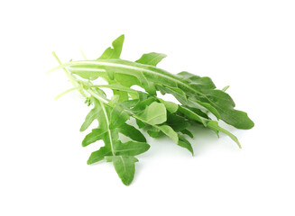 Many fresh arugula leaves on white background
