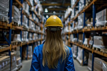 A young female worker checks counting cardboard boxes at warehouse