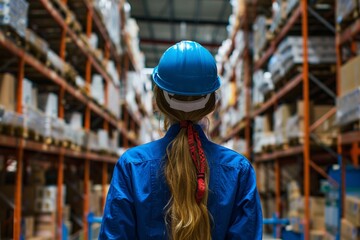 A young female worker checks counting cardboard boxes at warehouse