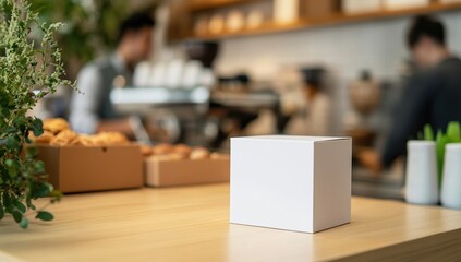 White Box Mockup on Wooden Counter in a Blurred Coffee Shop Background with Pastries