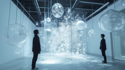 Obraz premium Museum visitors, media art exhibition, exhibition hall, art gallery