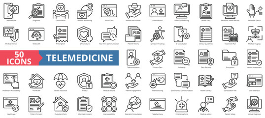 Telemedicine icon collection set. Contain telepharmacy, telehealth, teleconsultation, telemonitoring, diagnosis, consultation, remote monitoring, virtual, health, care, provider, e-consultation