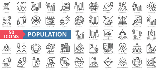 Population icon collection set. Contain demographic, birth, mortality, census, growth, urbanization, migration, overpopulation, fertility, life expectancy, density, age distribution, family, control