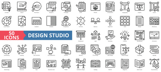 Design studio icon collection set. Contain concept, sketch, illustration, blueprint, prototype, draft, render, composition, typography, graphic, layout, color palette, texture, gradient, perspective