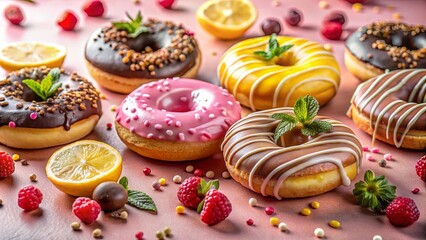 A delightful assortment of assorted glazed donuts decorated with sprinkles and garnished with fresh mint leaves, surrounded by colorful candy and fresh berries and lemon slices on a pink background.