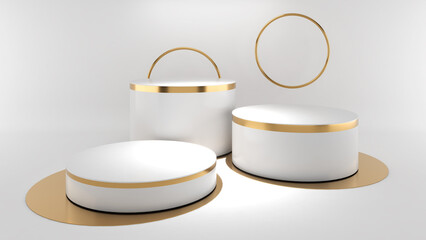 White stand with gold rim on a white background,mock up podium for product presentation,3D render