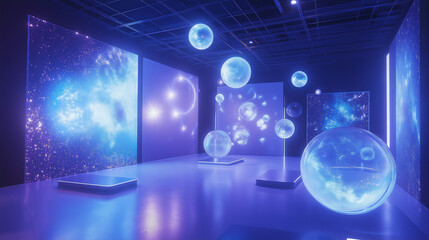 Fototapeta premium Media art, futuristic space, contemporary art gallery, exhibition, stage with lights