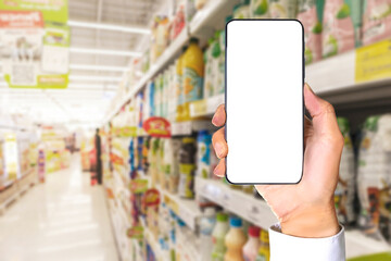 Mobile phone mockup white screen for inserting picture or text on background at shopping mall Used to enter text in graphic works