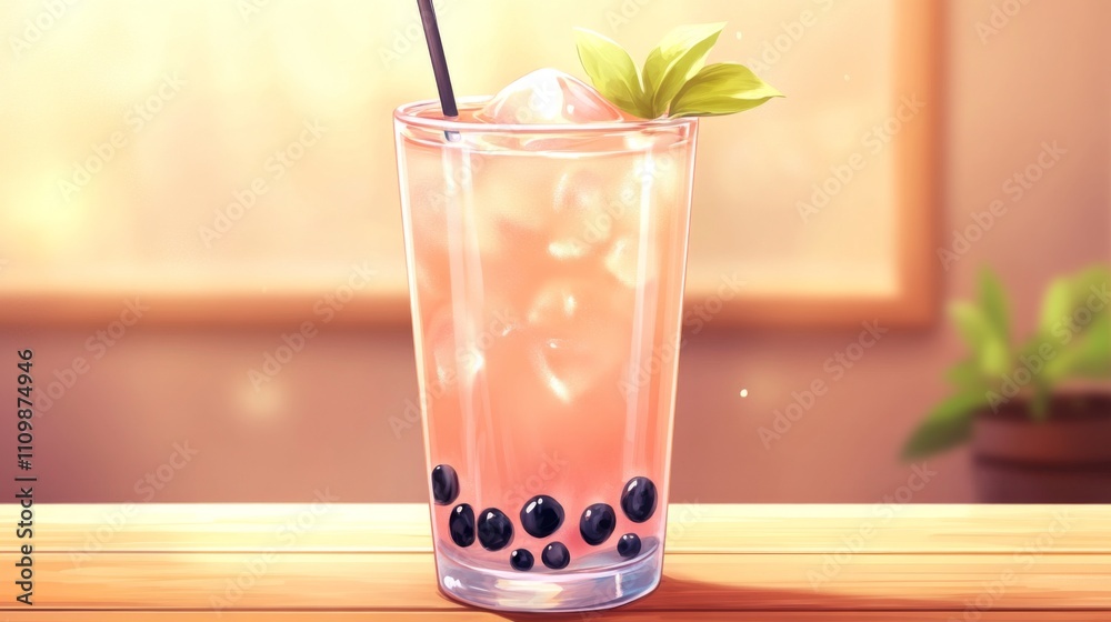 Poster refreshing bubble tea with ice and garnish in glass