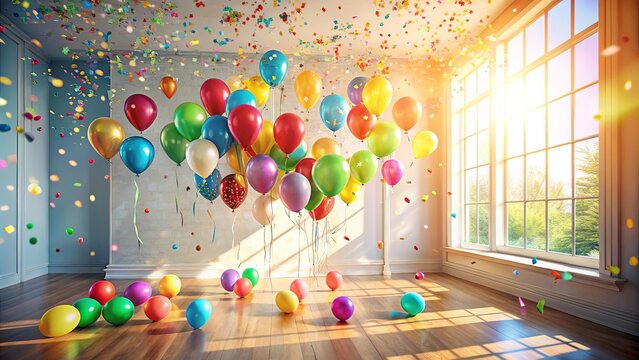 A joyous celebration with colorful balloons floating in a sunlit room, confetti showering down, creating a festive atmosphere