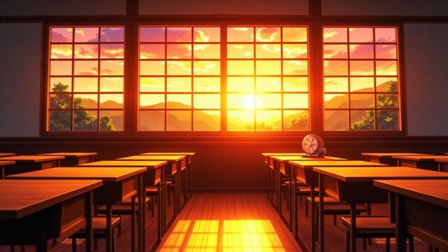 A traditional Japanese classroom at sunset, with golden sunlight filtering through windows and long shadows on the wooden floor. anime - Powered by Adobe