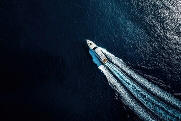 Aerial view of a luxury yacht cruising on deep blue ocean waters, leaving a trail of white foam. Summer leisure and travel lifestyle concept.