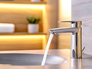 Fototapeta premium A sleek, modern faucet pours water into a round basin, illuminated by soft ambient lighting, creating a serene bathroom atmosphere.