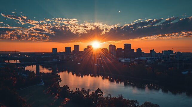 Vibrant sunrise over cityscape and river.
