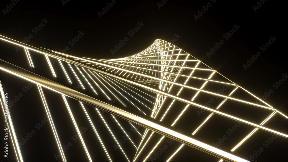 Poster abstract image of swirling golden double triangle lines on black background.,abstract line movement,