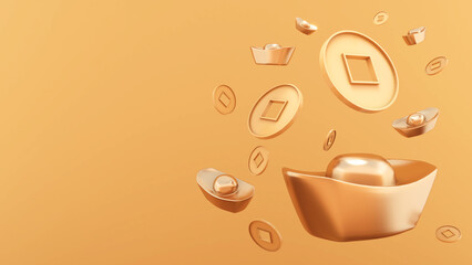 Obraz premium Traditional Chinese gold bars and gold coins, Chinese New Year celebrations on a golden background,3d rendering