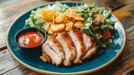 Juicy Grilled Chicken with Fresh Salad and Tomato Slices on Plate