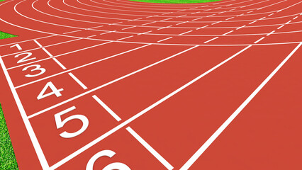 Sports track and runway red competition in sports competition, curve view of the starting line, 3d rendering.