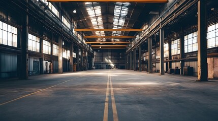 A large industrial building with a yellow line down the middle. The space is empty and the yellow line is the only thing that stands out
