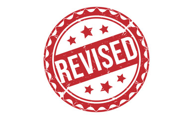 REVISED Red rubber stamp on white background. REVISED stamp sign. REVISED stamp.