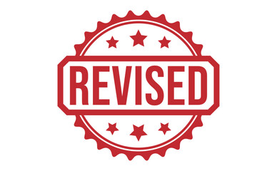 REVISED Red rubber stamp on white background. REVISED stamp sign. REVISED stamp.