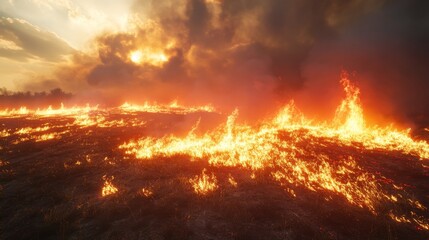 Obraz premium Dramatic Blaze in the Field Under a Fiery Sunset Sky