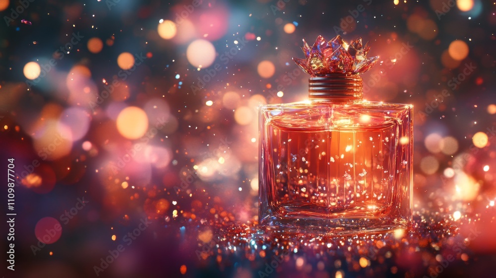 Poster Elegant Perfume Bottle Surrounded by Sparkling Bokeh Lights