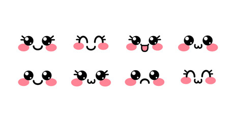 Set of cute vector kawaii emoji. Anime, manga, adorable expressive cute faces, emojis. Cute chibi faces, sparkling eyes. Asian, Korean, Japanese cartoon emotes vector set isolated on white background