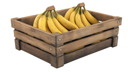 A wooden crate filled with bananas, isolated on a transparent background in PNG format.