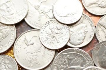 Pile with big amount of silver american cent coins as United States currency