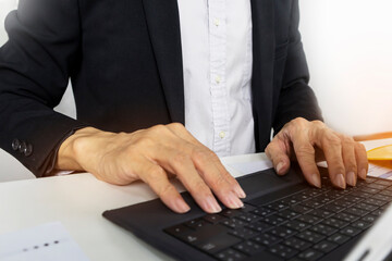 Obraz premium Managers work and type data into project management notebooks.
