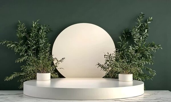 Minimalist 3D Podium Display with a Neutral-Toned Stage, Elegant Stand, and Lush Green Plants in the Background.