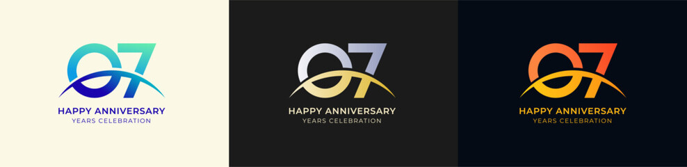 Logo Anniversary with Swoosh Sunrise  7th, 7th Happy Anniversary with Colorful Gradient, Luxury Gold and Silver.