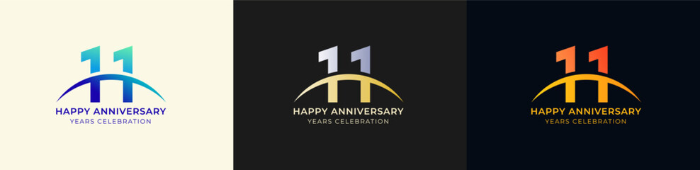 Logo Anniversary with Swoosh Sunrise  11th, 11th Happy Anniversary with Colorful Gradient, Luxury Gold and Silver.