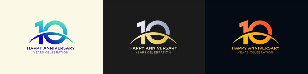 Logo Anniversary with Swoosh Sunrise  10th, 10th Happy Anniversary with Colorful Gradient, Luxury Gold and Silver. © ahmadfaiz
