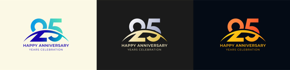 Logo Anniversary with Swoosh Sunrise  25th, 25th Happy Anniversary with Colorful Gradient, Luxury Gold and Silver.