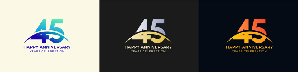 Logo Anniversary with Swoosh Sunrise  45th, 45th Happy Anniversary with Colorful Gradient, Luxury Gold and Silver.