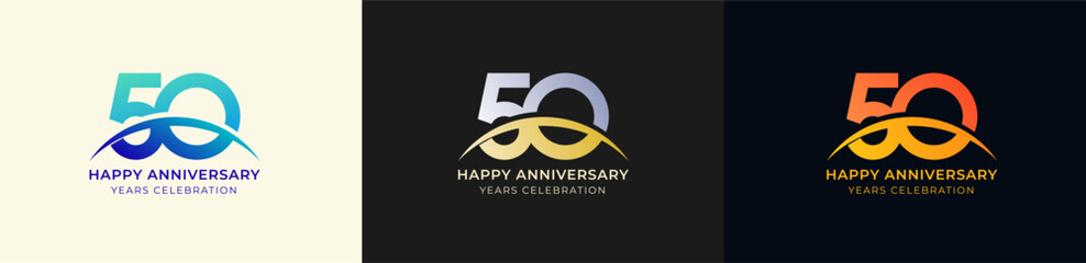 Logo Anniversary with Swoosh Sunrise  50th, 50th Happy Anniversary with Colorful Gradient, Luxury Gold and Silver.