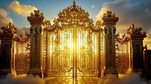 Majestic Golden Ornate Gates Illuminated by Sunlight Stunning Entrance to Realm of Grandeur and Elegance Under Dramatic Sky