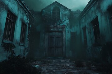 An eerie, abandoned building shrouded in mist and overgrown vegetation.