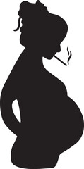 An illustration of a silhouette icon depicting a pregnant woman with her hair tied back, holding a cigarette, with smoke rising