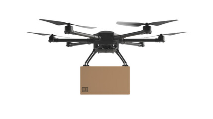 A delivery drone hovering against a transparent background, designed with sleek, modern features, ready to transport packages.
