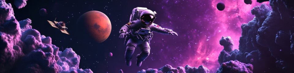 Fototapeta premium Astronaut Floating in Purple Nebula Near Mars: A Cosmic Journey Through Space