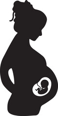 An illustration of a silhouette icon depicting a pregnant woman with her hair tied back, showing a visible outline of a baby in her belly